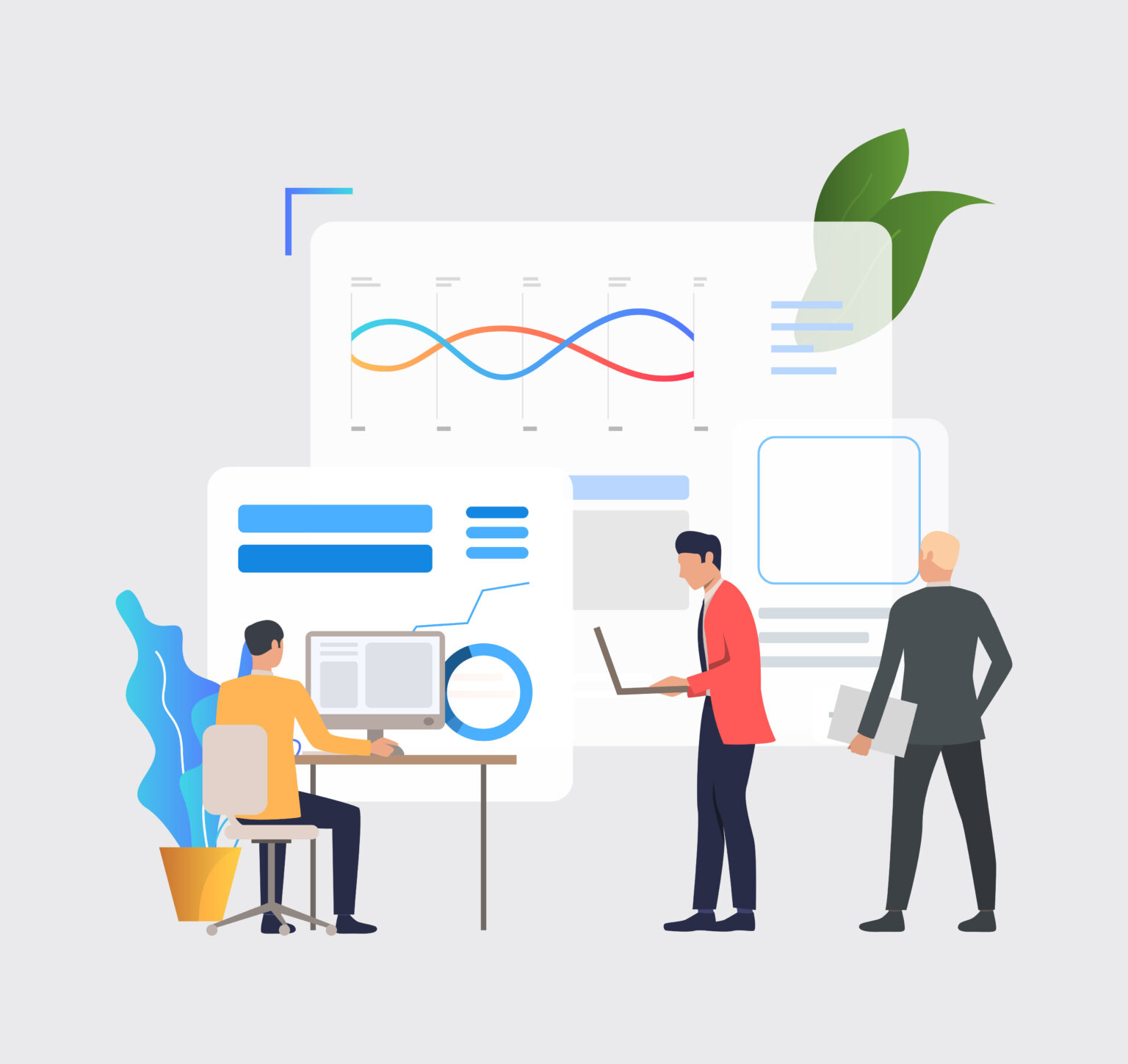 Business men working on computers and analyzing financial charts